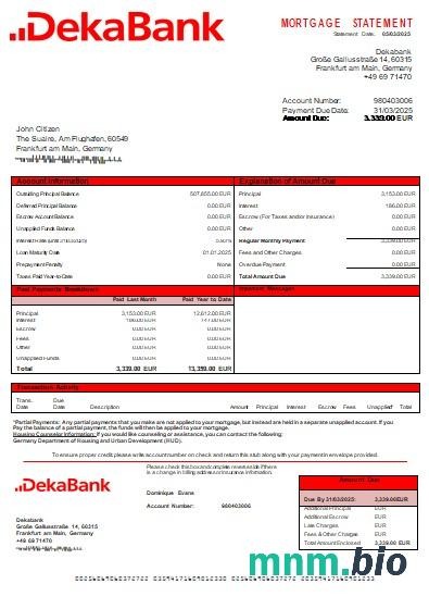 Niemcy Bank Dekabank wyciąg z kredytu hipotecznego szablon Word i PDF